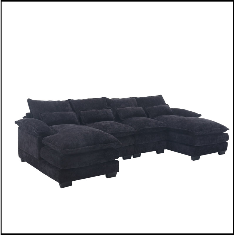 Luxueux canapé surdimensionné en U à quatre places avec matériaux de qualité supérieure, Chenille noir