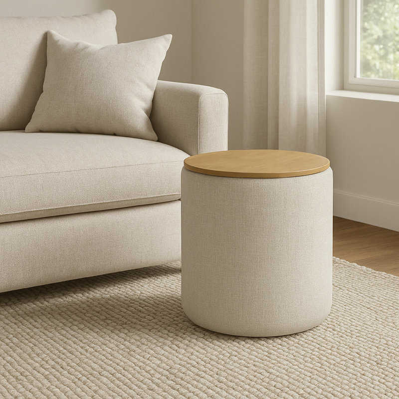 Repose-pieds Mesy, plateau rond brun de 19 po, tissu gris