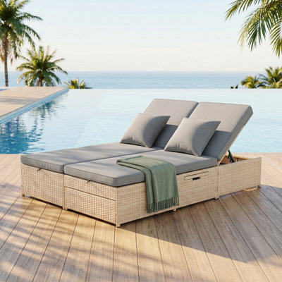 TOutdoor Double Sunbed Set, All-Weather PE Rattan Reclining Chairs with Adjustable Backrest & Seat, 2-Person Patio Conversation Set, Brown