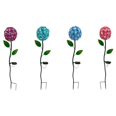 Assorted Metal Hydrangea Solar Stake, Set of 4