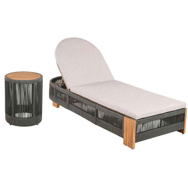 Chaise longue d'extérieur avec table d'appoint d'appoint, coussins beiges, chaise longue d'extérieur en tissu et assise confortable, corde grise, coussins d'eau portatifs