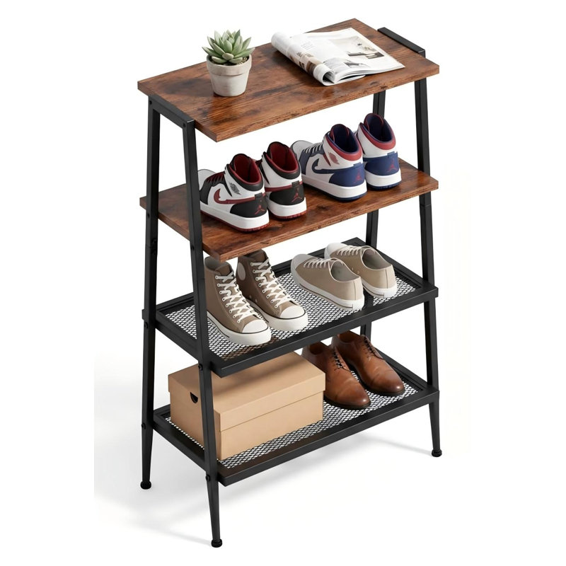 Étagère à chaussures en forme de A, 4 niveaux, pour 8 paires, plateau en bois, étagères en maille, étagère à chaussures compacte pour entrée.