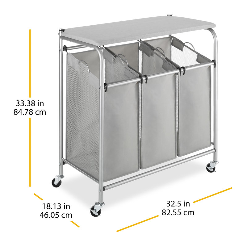 Chrome and Gray 3-Section Rolling Laundry Sorter with Folding Station