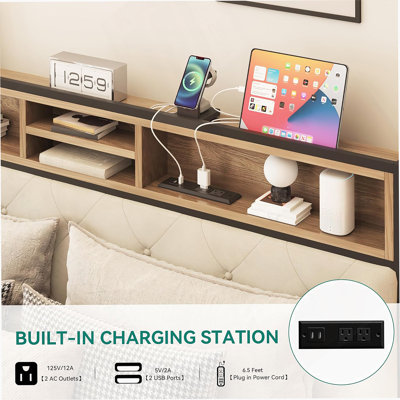Base de lit pour grand lit, base de lit plateforme avec station de charge, tête de lit et pied de lit rembourrés avec lattes de support en métal, sommier non requis, beige (sans tiroirs)