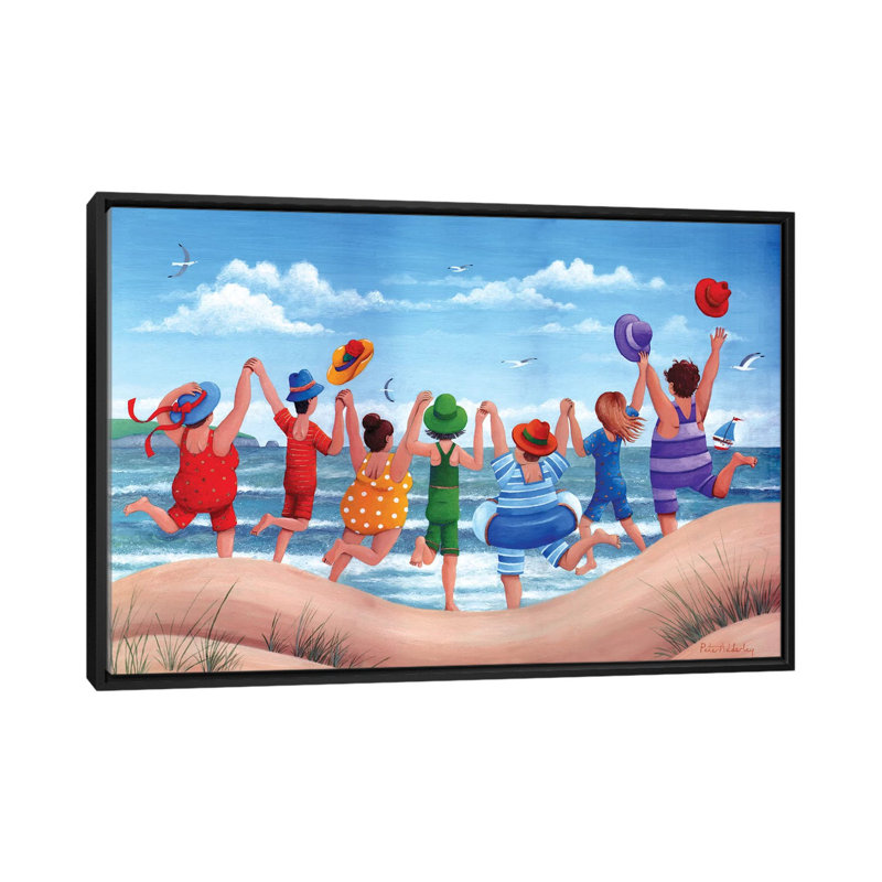 Reproduction d’art, "Beach Party Rainbow scene" par Peter Adderley, H 32 po x l 48 po x 1,5 po, Toile avec cadre noir