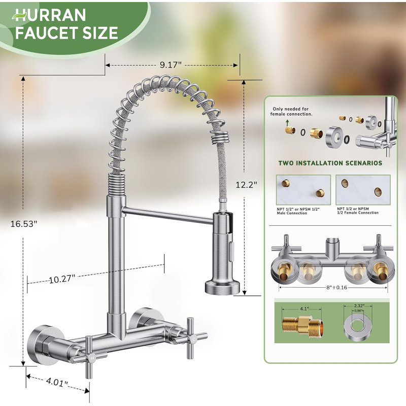 Double-Handle 2-Hole Wall-Mount Pre-Rinse Bridge Kitchen Faucet, Brushed Nickel