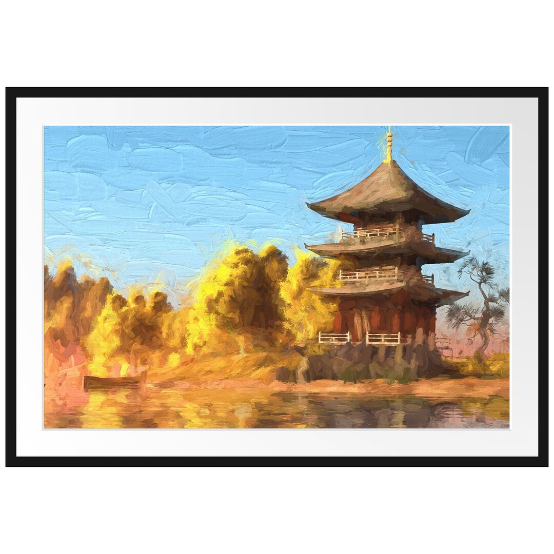 Gerahmtes Poster Asiatischer Tempel an See