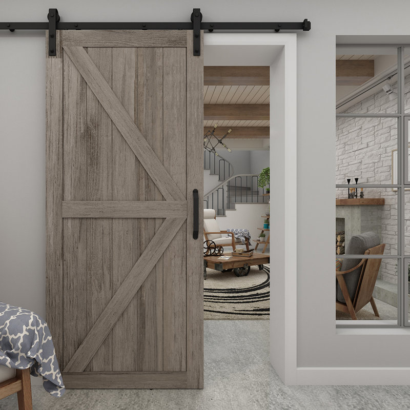 Porte de grange artisanale à panneaux en bois manufacturé et en PVC / vinyle, Gris