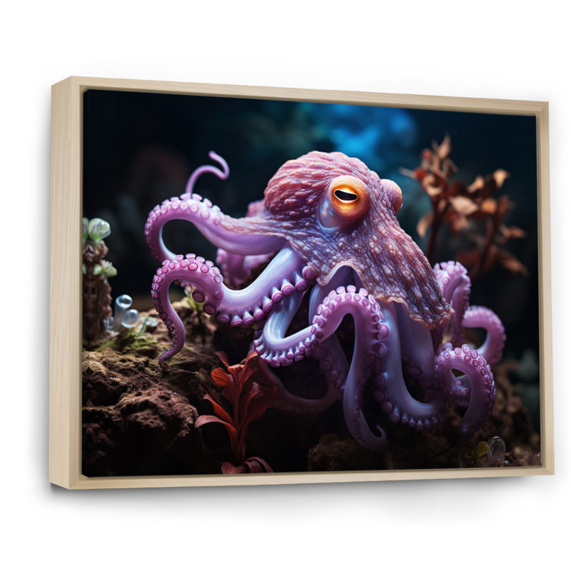 Pieuvre mauve, rencontre mystique sur toile, H 30 po x l 40 po x P 1,5 po, Cadre naturel flottant