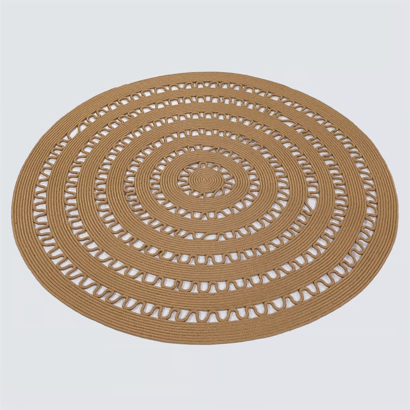 Saveah&Sisal Beige Color Carpet Striped Design Machine Woven Cotton Polypropylene Washable Area Rug_24, Rond 3 pi 11 po