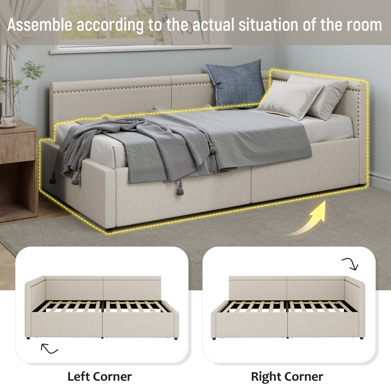Modern Style Twin Size L Shape Corner Bed, Linen Upholstered Daybed With Two Storage Drawers, Beige