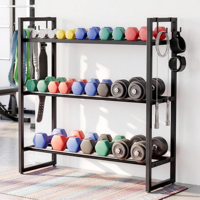 Support de rangement pour haltères à 3 niveaux, capacité de charge de 118 kg par niveau, organisateur de poids en métal pour haltères, kettlebells et équipement de musculation à domicile