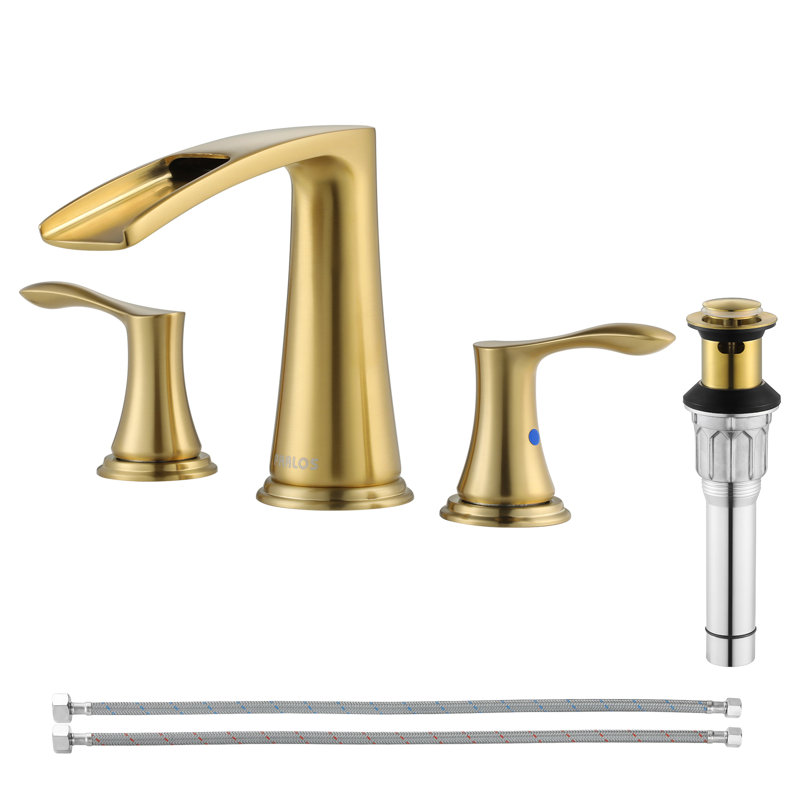 Widespread 2-handle Waterfall Bathroom Faucet with Drain Assembly, Brushed Gold