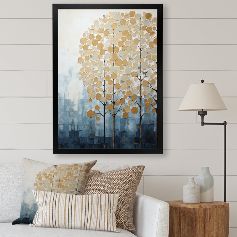 Minimalisme, paysages d'arbres bleus et dorés, impression sur toile, Cadre simple noir, H 44 po x l 34 po x P 1,5 po