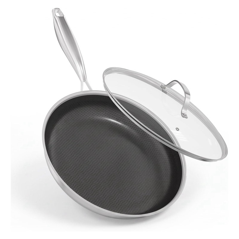 Poêle à frire de 28 cm en acier inoxydable avec couvercle, revêtement antiadhésif en céramique et compatible avec toutes les plaques de cuisson