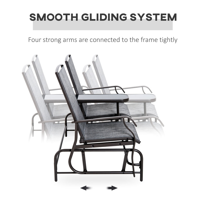 Metal Frame Glider Bench With Table Integration Feature. Gray Patio For Outdoor Spaces. Double Gliding Enjoyment. Breathable Mesh. 726 Lbs. Capacity. Backyard, Garden, Porch Select. 32"D X 58.25"W