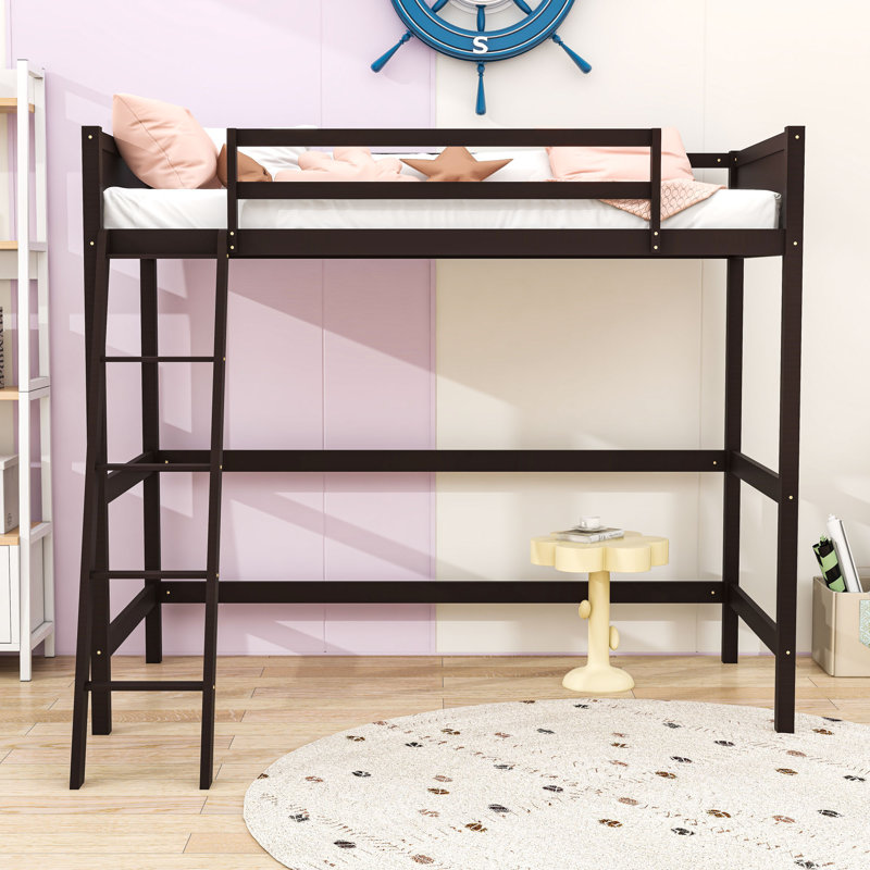 Wood Twin Loft Bed with Ladder, Guardrails and Sturdy Slatted Support, Espresso