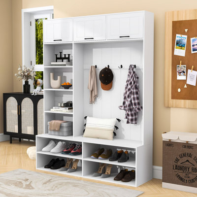 Wooden Hall Tree with Storage Bench, Cabinets, 4 Hooks and Adjustable Shelves