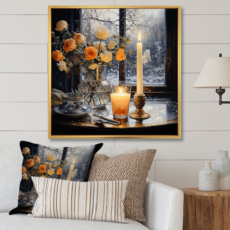 «Winter Frosty Still Life Pointillism I», reproduction sur toile, Cadre flottant doré, H 24 po x l 24 po x P 1 po