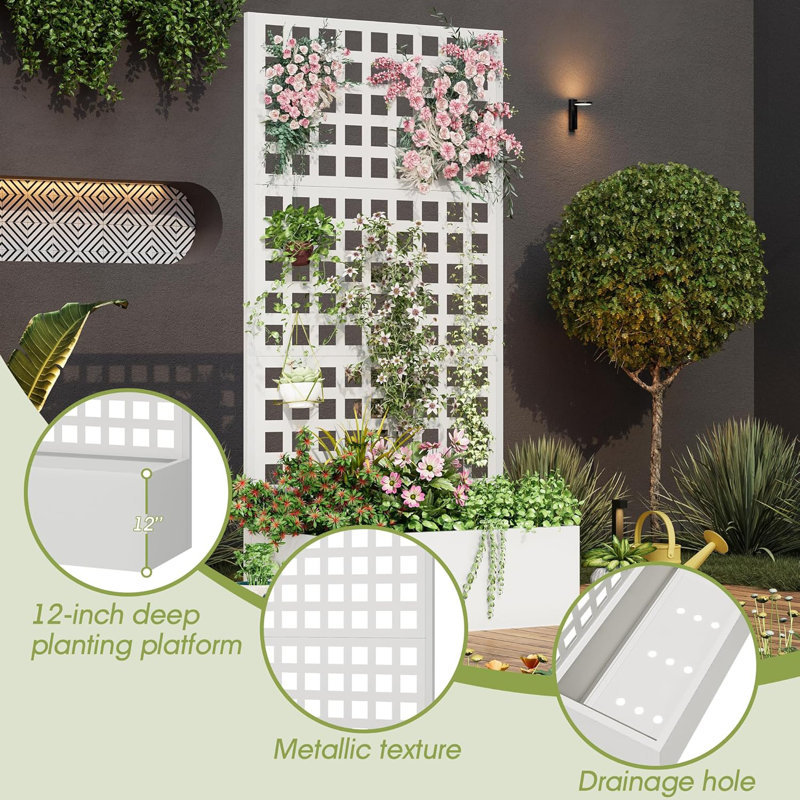  71" Metal Planter Box With Trellis, Raised Garden Bed With Privacy Screen And Drainage Holes, Rust-Proof Galvanized Steel Planter For Climbing Plants, Patio, Balcony & Garden