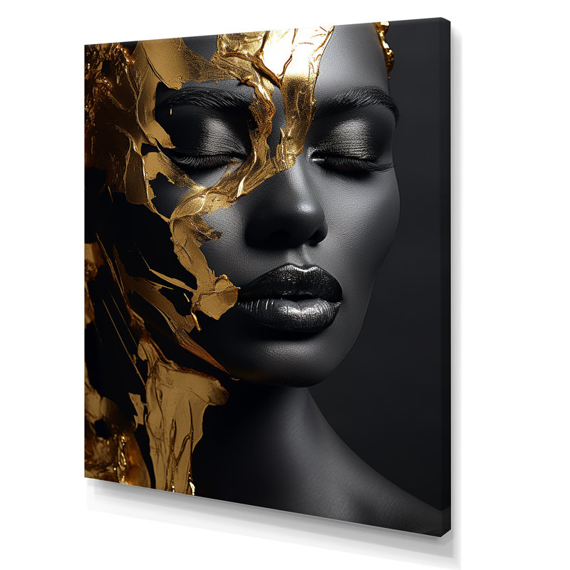Femme dorée noire et dorée Photo III - Art mural femme, Toile tendue, H 32 po x l 24 po x P 1 po