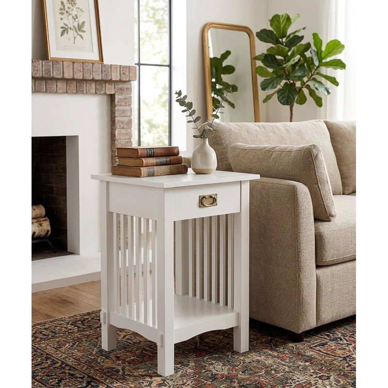 Solid Wood End Table with Storage, White