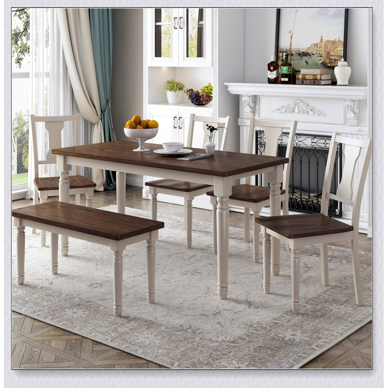6-Piece Dining Set Wooden Table and 4 Chairs with Bench for Dining Room