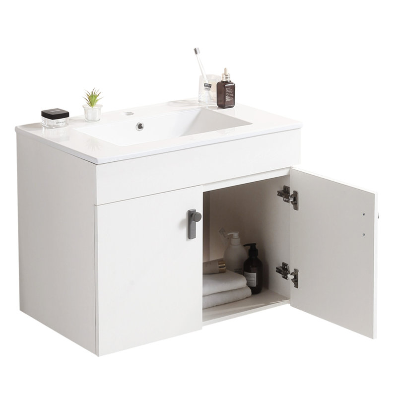 Meuble-lavabo de 30 po avec pieds en métal, avec cuve en céramique blanche, deux portes d'armoire à fermeture douce, bois massif, sans les robinets