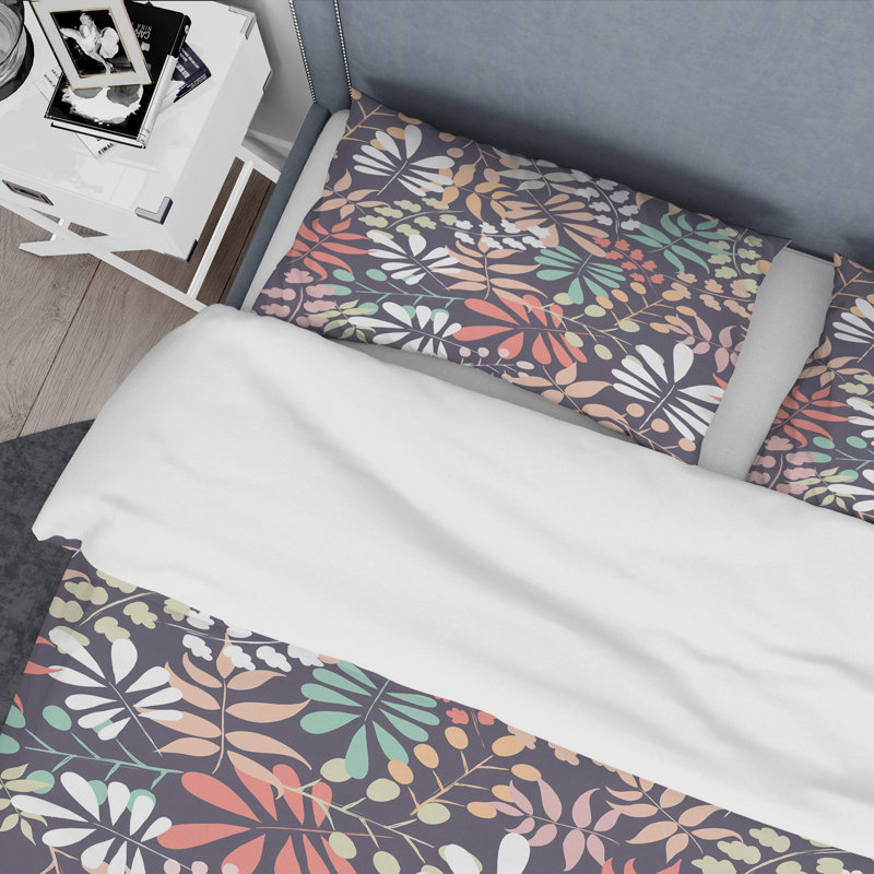 Modern & Contemporary Polyester Twill Geometric Shapes Duvet Cover, Full/Queen Duvet Cover + 2 Shams, Retro Botanical II