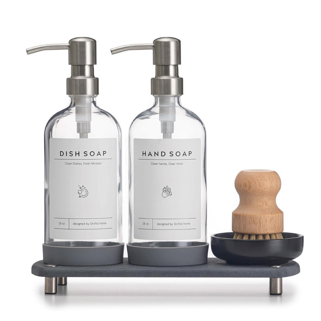 16oz Clear Glass Kitchen Soap Dispenser Set | Stainless Steel Pump, Dry Tray & Accessories | Labels, Silicone Pad & Dish Brush