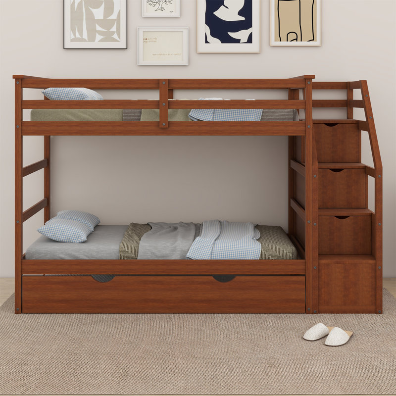 Bunk Bed with Trundle and Storage Stairs, Brown