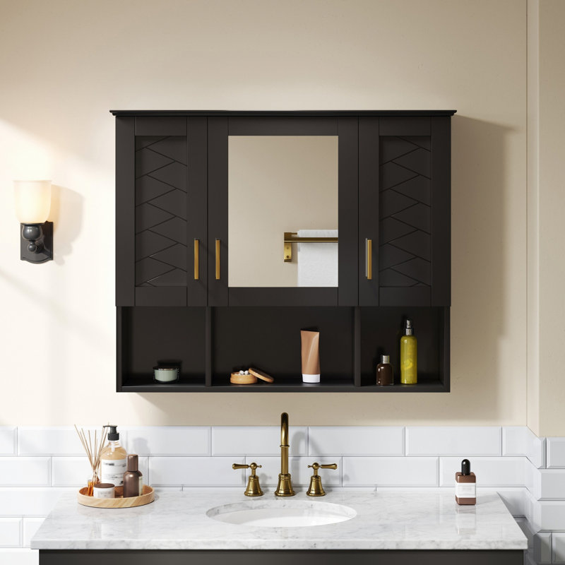 Armoire murale avec tablettes réglables, portes à fermeture en douceur pour la salle de bain, Noir