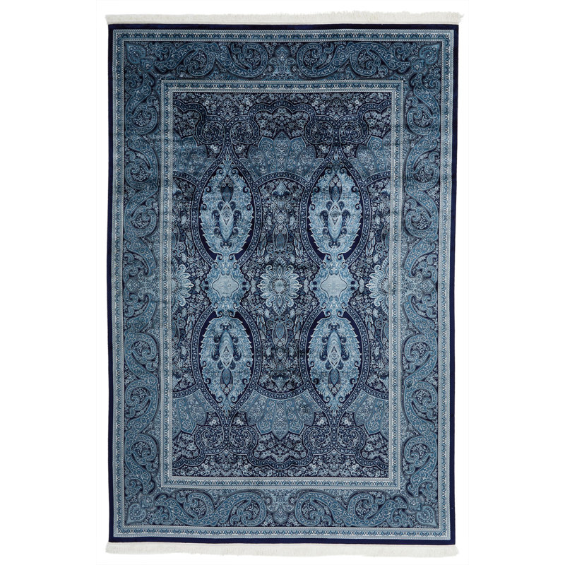 Tapis turc bleu marine et ivoire Antep, Rectangle 6 pi 7 po x 9 pi 6 po