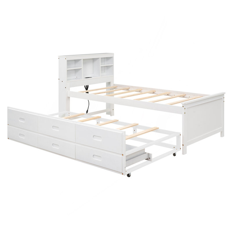 Lit plateforme simple avec tête de lit, USB, lit gigogne simple et 3 tiroirs, blanc