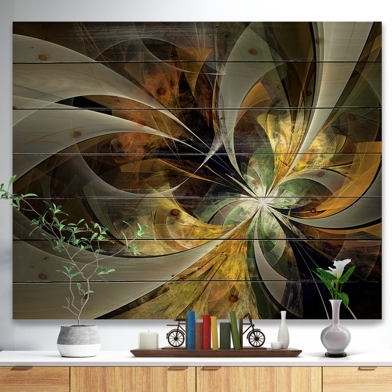 «Symmetric Gold Fractal Flower», impression, H 15 po x l 20 po, Impression sans cadre, Bois