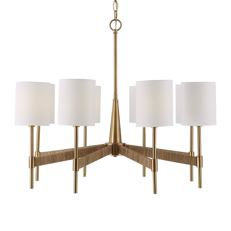 Warm Brass 8-Light Chandelier with White Linen Shades