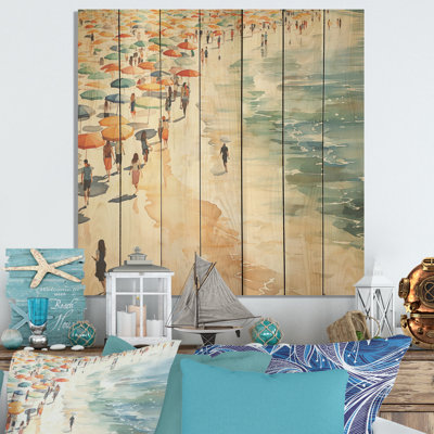 «Orange Umbrella Beach Day Tranquitt II - Beach People On», reproduction de bois
