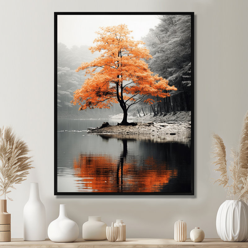 «Orange and Gray Forest Autumn Elegance II», art sur toile Forêt, H 20 po x l 12 po, Reproduction avec cadre flottant, Noir
