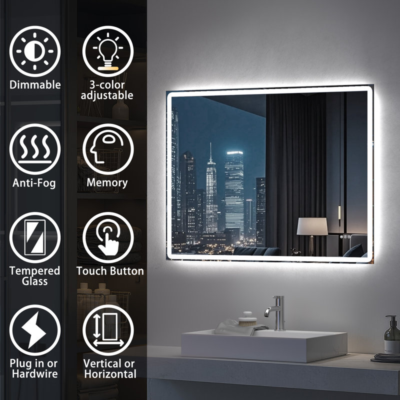 Modern LED ETL Certified Frameless Font&Backlit Anti-Fog Dimmable 3-Color Rectangular Vanity Mirror For Bathroom, 36" x 48"
