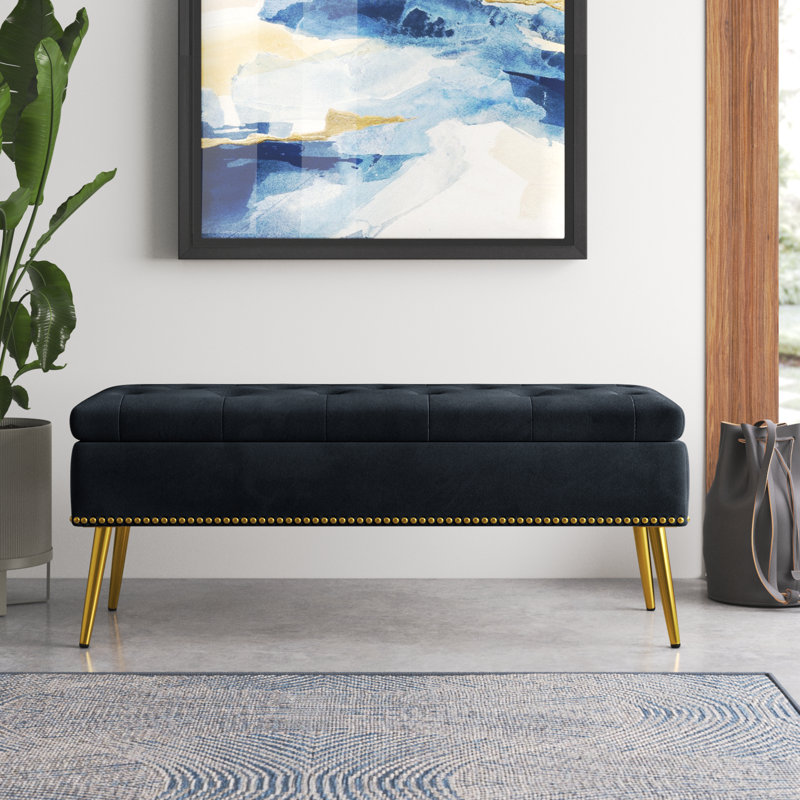 Banc de rangement rembourré en velours Kajana, Velours noir