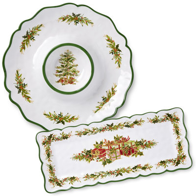 Holly Tree Christmas Appetizer Set – 2-Piece Melamine Chip & Dip and Rectangular Platter with Festive Tree Design, Break-Resistant, and Dishwasher Safe