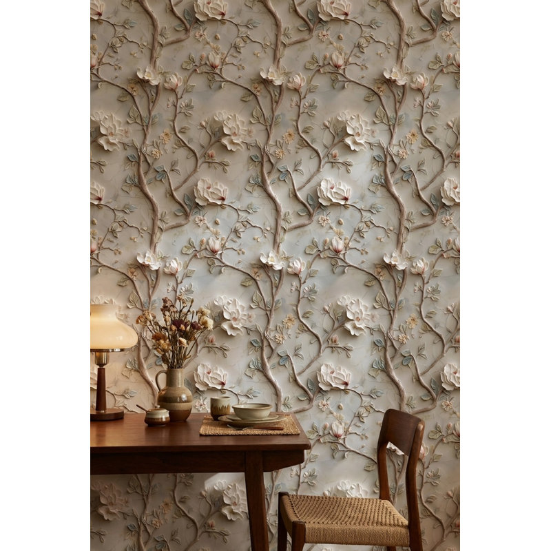 Papier peint floral embossé beige, décoration murale élégante