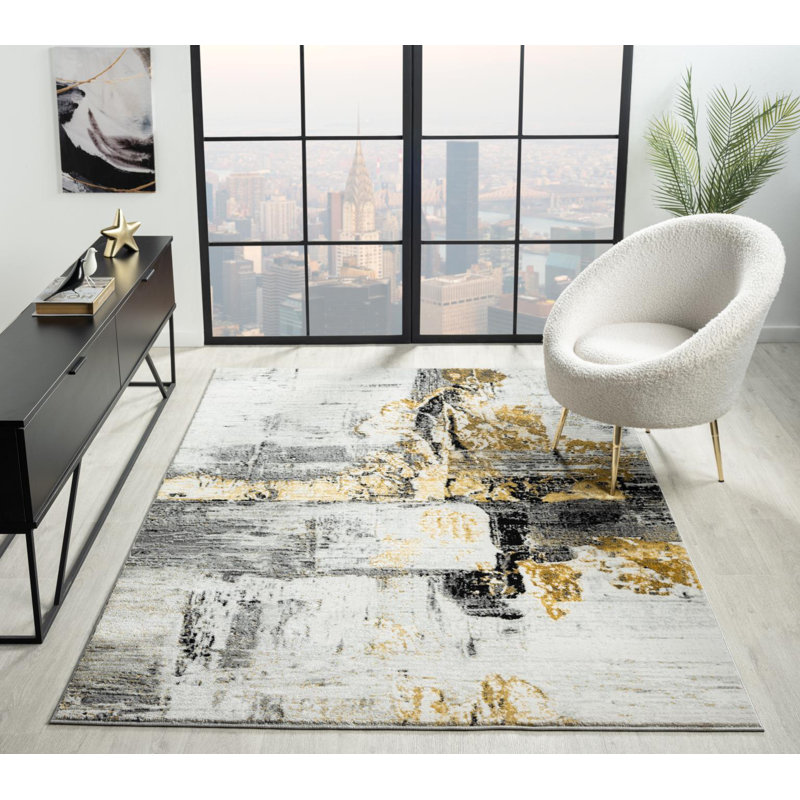 Nason Collection Abstract White/Gold Area Rug,, Rectangle 5'2" x 7'5"