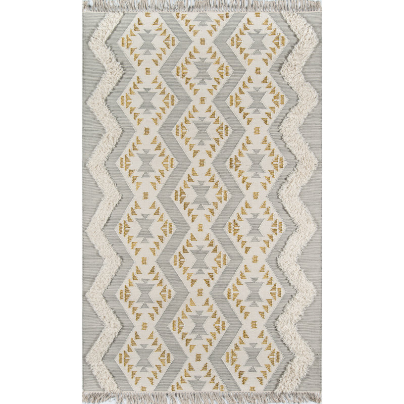 Tapis gris / jaune en laine fabriqué à la main Pauline, Rectangle 5 pi x 7 pi