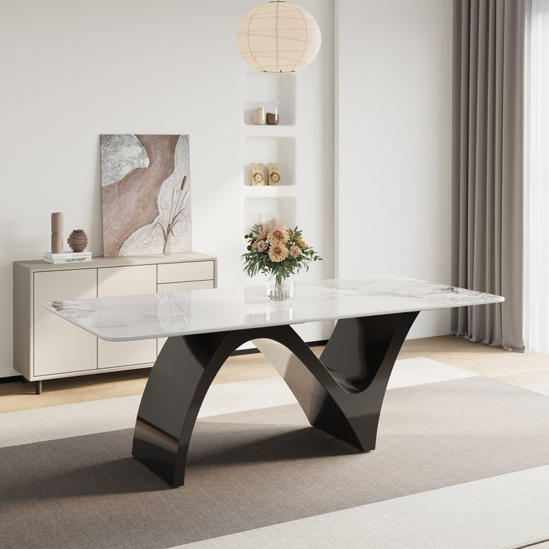 Table de salle à manger rectangulaire 71 "pour 4-6, table de salle à manger en faux marbre avec pieds en forme de N