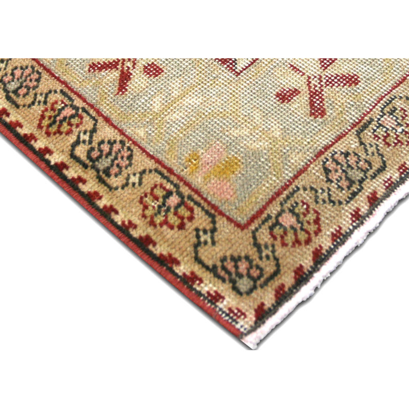Tapis unique en laine noué à la main beige, rouge et jaune des années 1960 de 4 pi 4 po x 7 pi