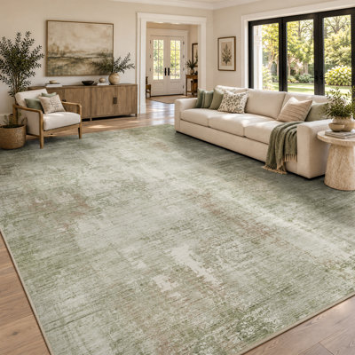 Distressed Modern Abstract Machine Washable Area Rug in Sage Green for Living Room or Bedroom