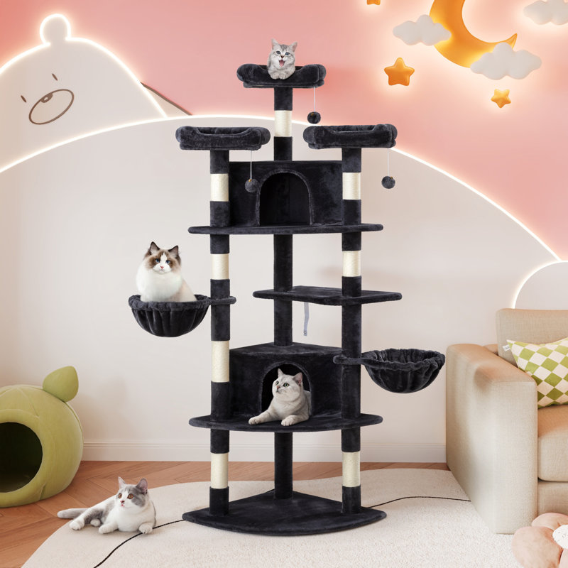 Arbre à chat de 74 po de hauteur, condos et plateformes inclus avec poteaux à griffer et panier, Bleu