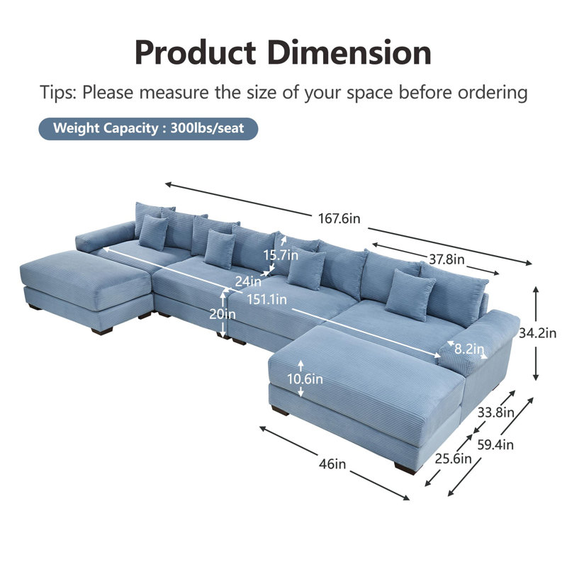 Canapé modulaire surdimensionné en U, Velours côtelé bleu