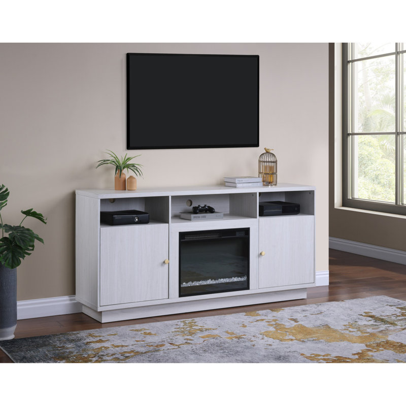 Meuble télé avec foyer à lumière noyer blanc 70 po Ambrose, éclairage DEL, armoires, tablettes, Blanc/noyer